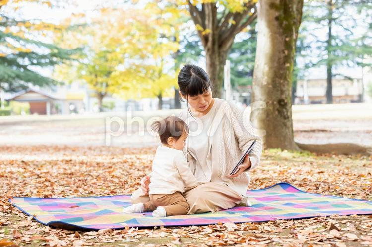 秋の公園でママとタブレットPCで遊ぶ赤ちゃん ピクニック,動画,タブレットの写真素材