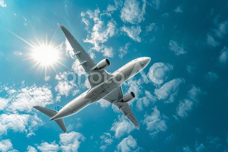 青空を飛ぶ旅客機と雲の風景 飛行機,青空,雲の写真素材