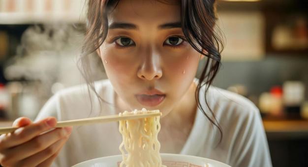熱々ラーメンを食べる女性の飲食シーン 熱々ラーメンを食べる女性の飲食シーンの写真