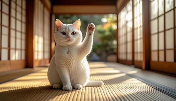 手を挙げる猫 手を挙げる猫の写真