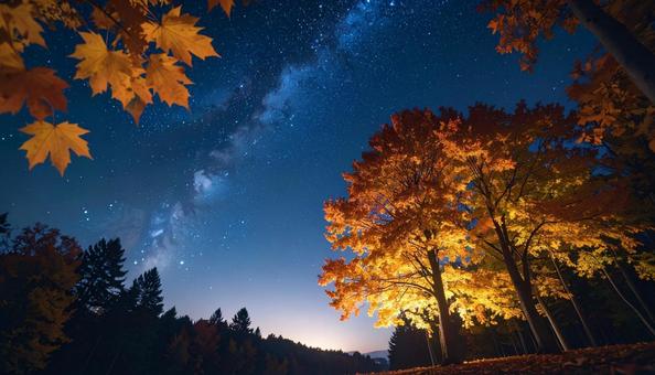 秋の紅葉と星空の夜景 秋の紅葉と星空の夜景の写真