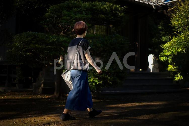 ＜素材＞観光で夕暮れの神社を散策する女性 女性,人物,風景の写真素材
