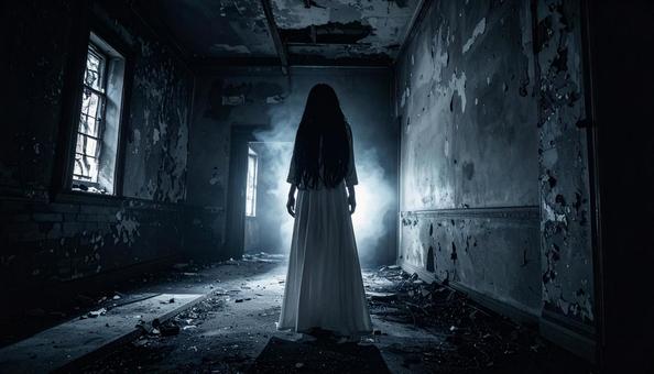 薄暗い廃墟の中で佇む幽霊 薄暗い廃墟の中で佇む幽霊の写真
