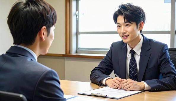 就職面接を受ける就活生の後ろ姿と面接官 就職面接を受ける就活生の後ろ姿と面接官の写真