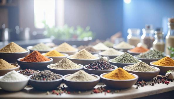 並べられたたくさんのスパイスの写真