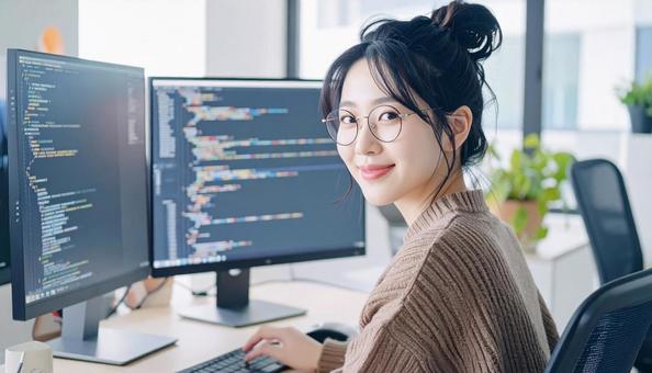 プログラミングをする女性エンジニア プログラミングをする女性エンジニアの写真