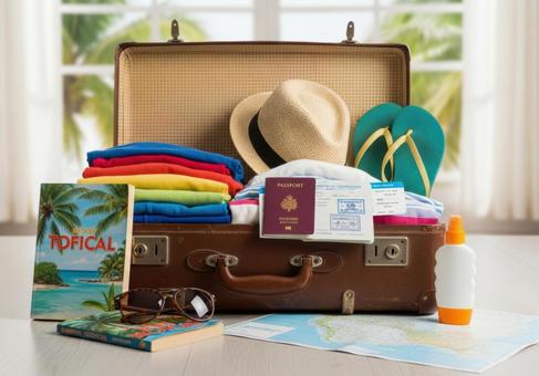 海外旅行準備に必要なスーツケースと小物 海外旅行準備に必要なスーツケースと小物の写真