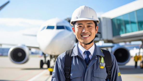 笑顔で航空機の誘導を行うランプ作業員 笑顔で航空機の誘導を行うランプ作業員の写真