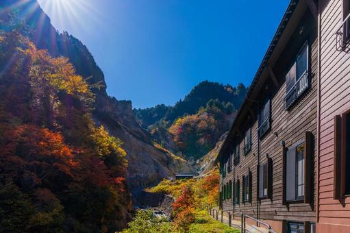 紅葉の中の姥湯温泉 山々,風景,太陽光の写真素材
