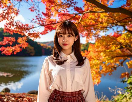 紅葉が綺麗な湖畔で 紅葉が綺麗な湖畔での写真