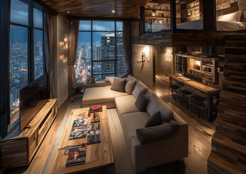 ロフト付き高級マンションのリビングと夜景 ロフト付き高級マンションのリビングと夜景の写真