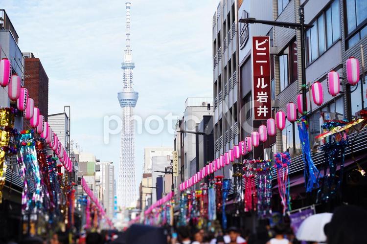 スカイツリーと七夕の風景 装飾,飾り付け,カラフルの写真素材