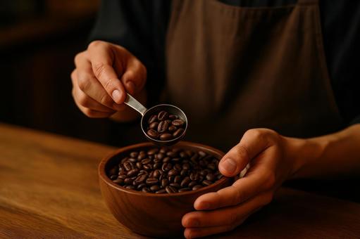 計量スプーンで豆をすくう 計量スプーンで豆をすくうの写真