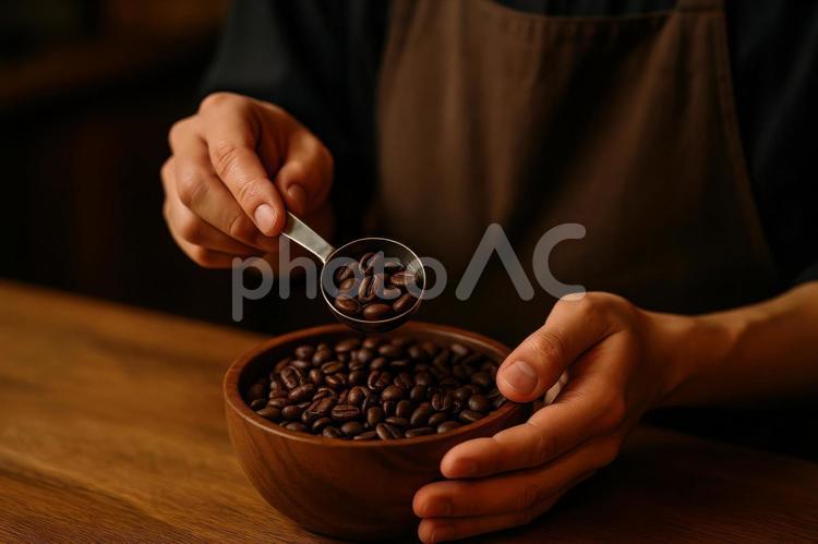 計量スプーンで豆をすくう カフェ,コーヒー豆,計量の写真素材