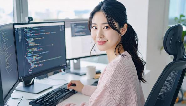 プログラミングをする女性エンジニア プログラミングをする女性エンジニアの写真