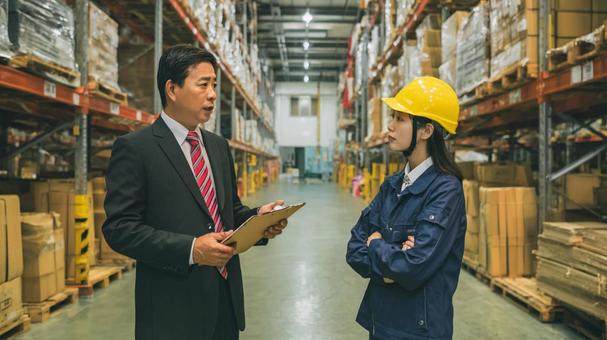 倉庫で打ち合わせをする二人の写真