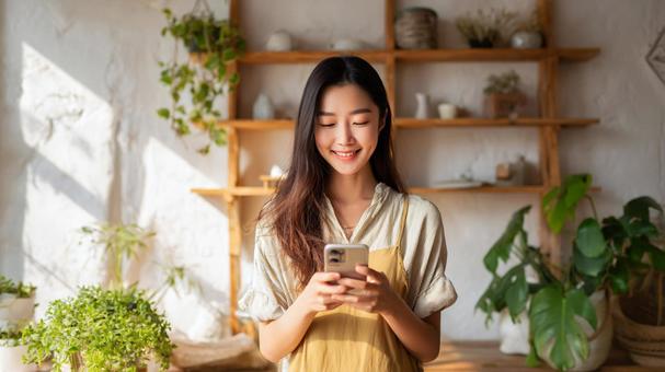 スマホを見る女性 スマホを見る女性の写真