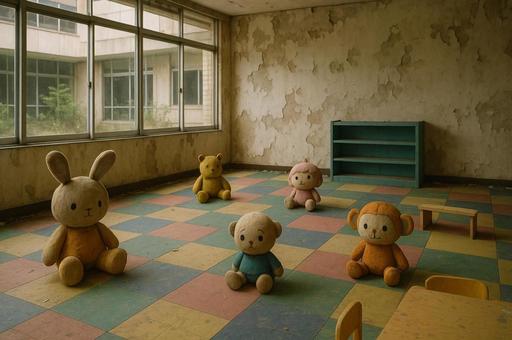 廃保育園された子供テーブルとぬいぐるみ 廃保育園された子供テーブルとぬいぐるみの写真