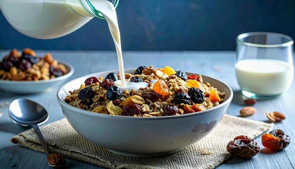 ドライフルーツ入りのシリアルに牛乳かけの写真