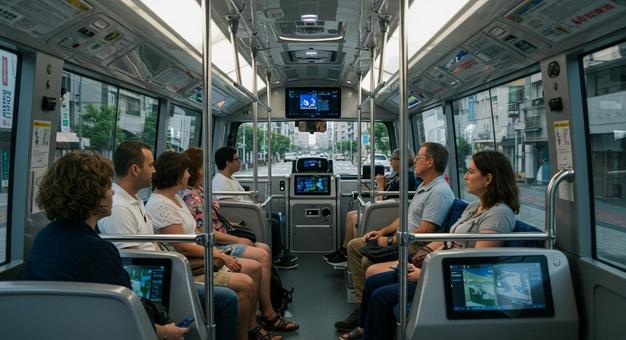 AI全自動運転バスを楽しむ観光客の写真