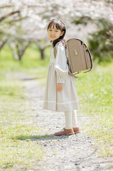 振り返る可愛い新一年生 振り返る可愛い新一年生 新一年生,一年生,振り返るの写真素材