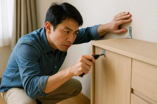 家具を固定する男性の写真