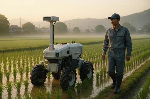 農業支援ロボットと田んぼ 農業支援ロボットと田んぼの写真