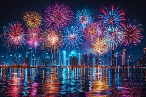 水面に映る夜空の花火 水面に映る夜空の花火の写真