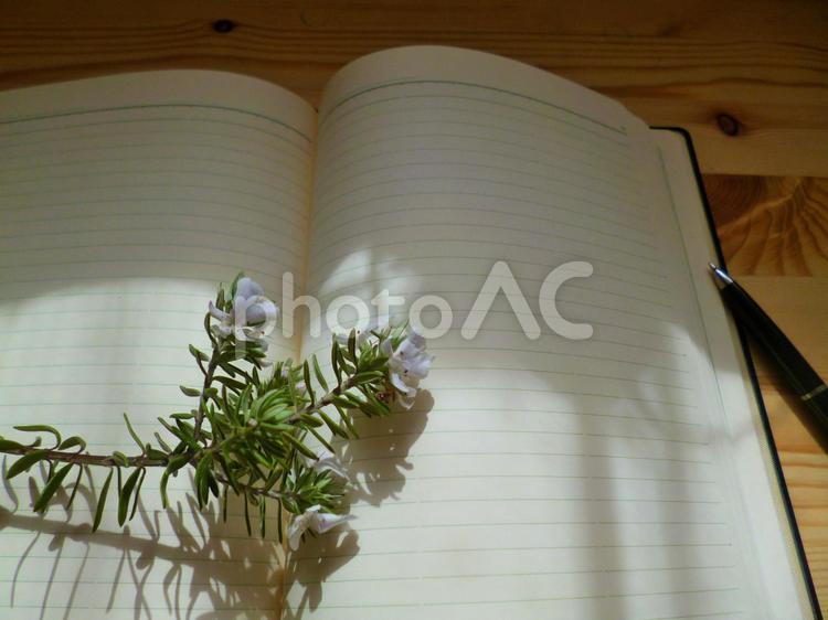 書くこと大好き ノート,花,ペンの写真素材