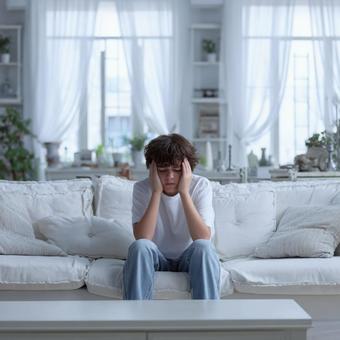 ソファに座って頭を抱える少年 ソファに座って頭を抱える少年の写真