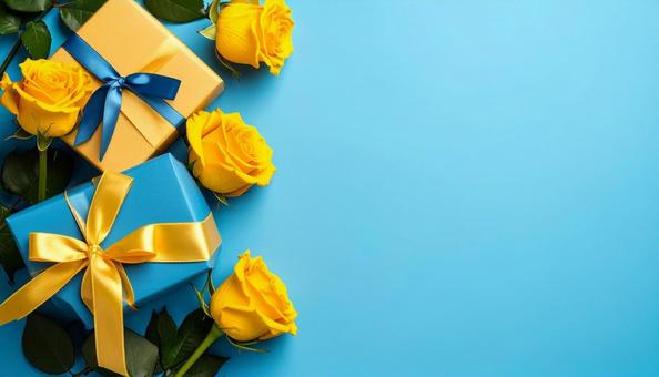 父の日　青色バックに　ギフト　薔薇の写真