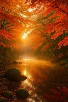 朝の紅葉と自然の写真