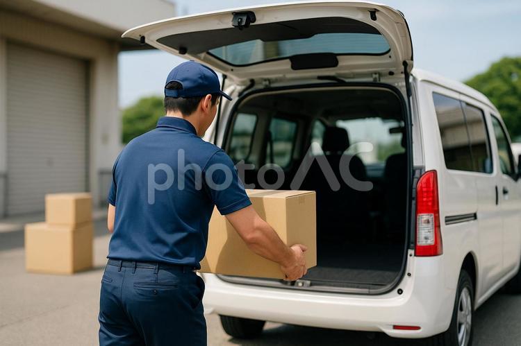 荷物を積む男性配送員の後ろ姿 男性,配送員,荷物の写真素材