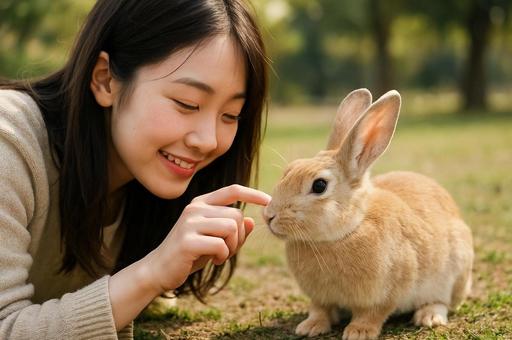 うさぎと触れ合う笑顔の女性 うさぎと触れ合う笑顔の女性の写真