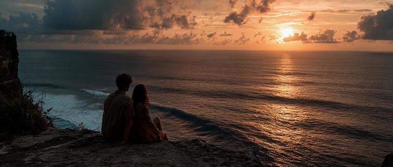 絶景のサンセットを二人で楽しむ後ろ姿の写真