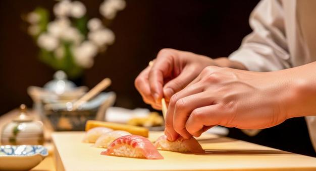 寿司店での職人の手元クローズアップ 寿司店での職人の手元クローズアップの写真
