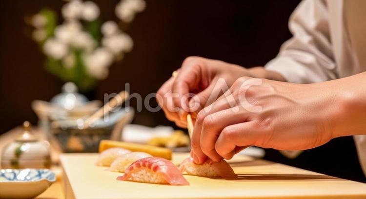 寿司店での職人の手元クローズアップ 寿司職人,和食,料理人の写真素材