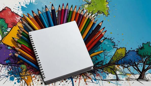 ノートと色鉛筆 ノートと色鉛筆の写真