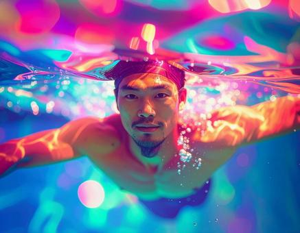 カラフルな水中で泳ぐ男性の写真