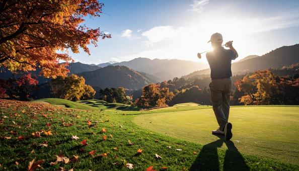 秋の紅葉の中で行われるゴルフコンペ 秋の紅葉の中で行われるゴルフコンペの写真