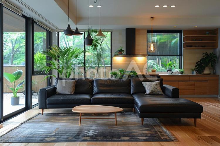 モダンな住宅のリビングとキッチン空間 リビング,ソファ,テーブルの写真素材