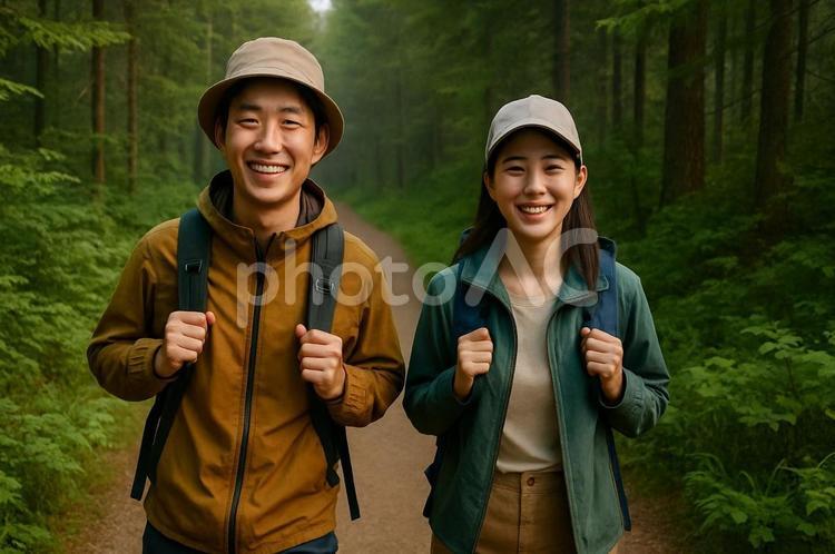 笑顔でこちらを向く登山中のカップル カップル,登山,アウトドアの写真素材