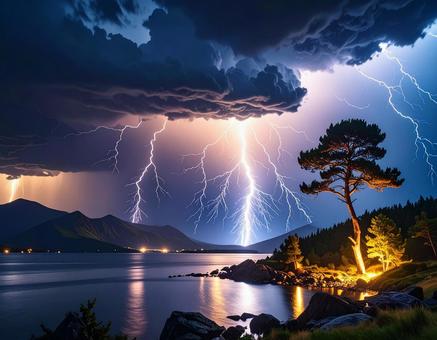 雷が光る空 雨の日 幻想的な夜の風景1 雷が光る空 雨の日 幻想的な夜の風景1の写真