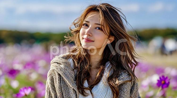 コスモス畑で微笑む女性の秋ポートレート 女性,コスモス,花の写真素材