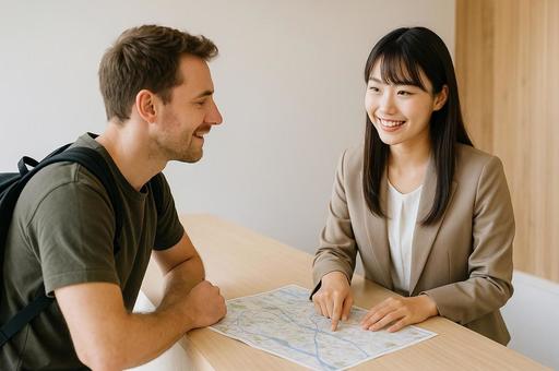 地図を広げて会話する二人の写真