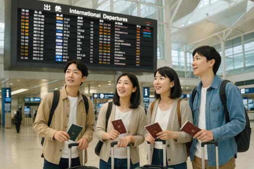 国際線ロビーでフライトを確認する旅行者達 国際線ロビーでフライトを確認する旅行者達の写真