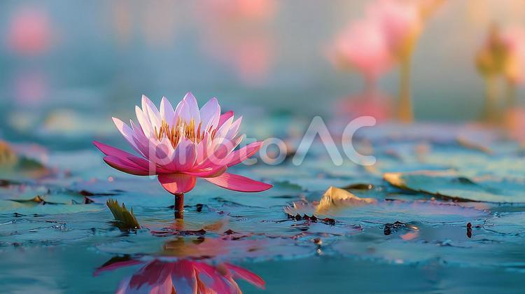 神秘的な光に包まれた蓮の群生 蓮,ハス,蓮の花の写真素材