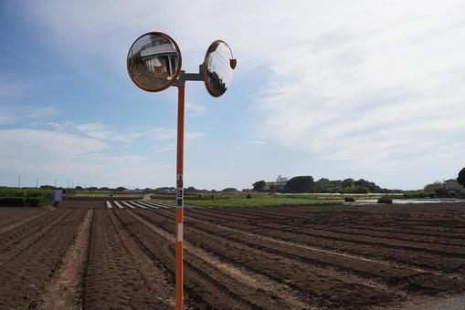田舎のカーブミラー カーブミラー,田んぼ,畑の写真素材