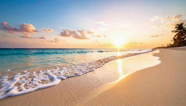 夕日が美しい海とビーチの写真