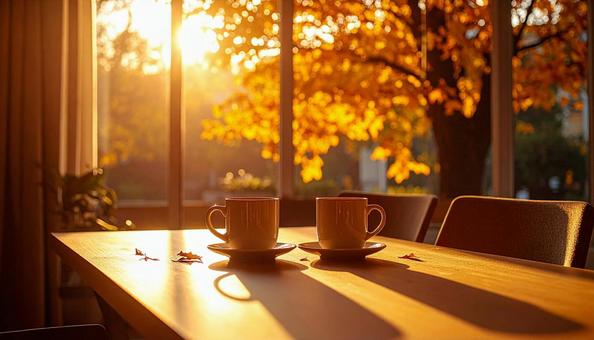 夕陽が差し込むカフェ・夕焼けとマグカップの写真